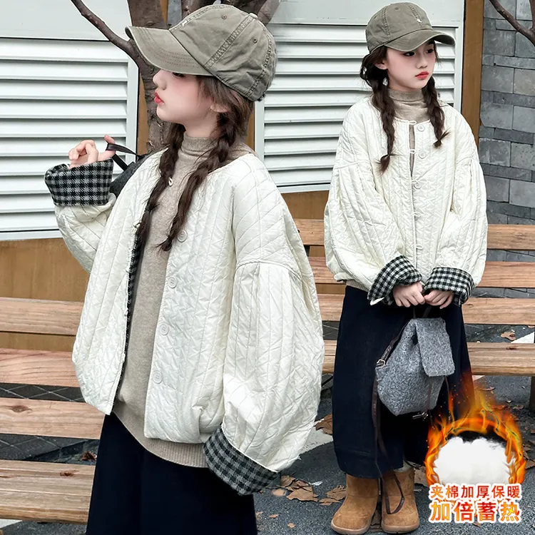 女童秋冬棉服外套2025新款儿童中大童休闲无领格子拼接女孩棉衣潮