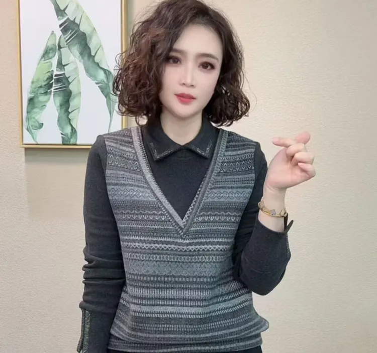 2025冬季新款条纹翻领中性风气质拼接假两件女士百搭T恤上衣#0881