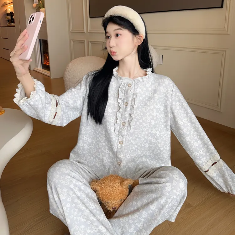 二娴家秋冬雾霾蓝紫羊绒保暖碎花长袖长裤甜美保暖可外穿睡衣套装