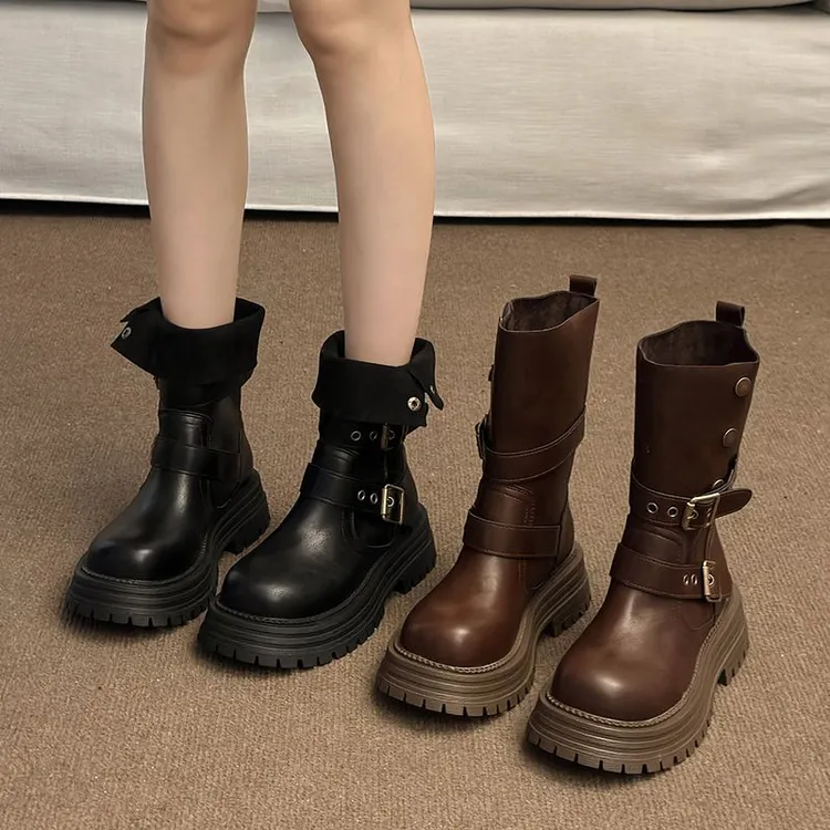 厚底复古美拉德黑色马丁靴女2025新款秋季中筒骑士靴西部牛仔短靴