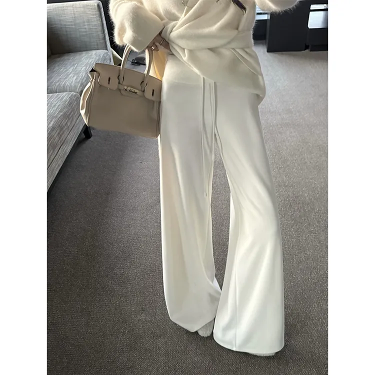 耶古老钱风白色加绒加厚针织糯米裤女秋冬新款高腰宽松直筒长裤子