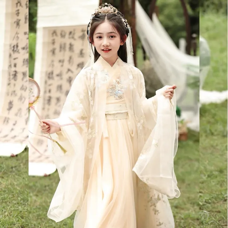 女童汉服夏季薄款仙气飘逸古装中国风儿童小女孩香槟色广袖仙女裙