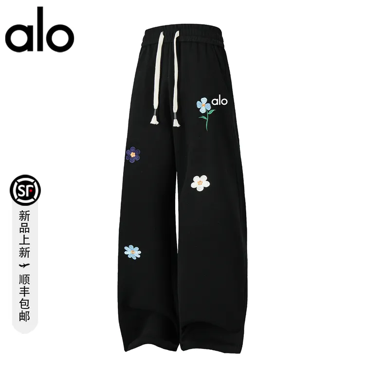 【官方奥特莱斯】alo潮牌 秋季时尚小花刺绣休闲裤美式宽松情侣长裤