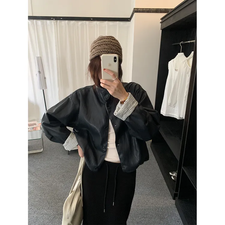 复古立领两面穿短款皮衣黑色小个子外套秋冬韩系百搭机车夹克上衣