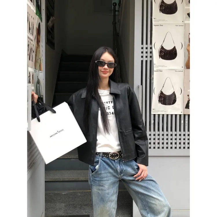 【韩女法则】秋季美式百搭夹克宽松短款设计BD皮衣253V2116