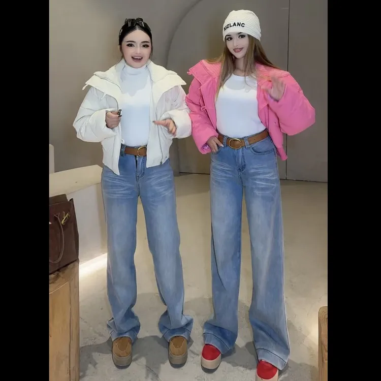 Rayhon新款加绒牛仔裤爆款显瘦蓝色牛仔裤（没有腰带）