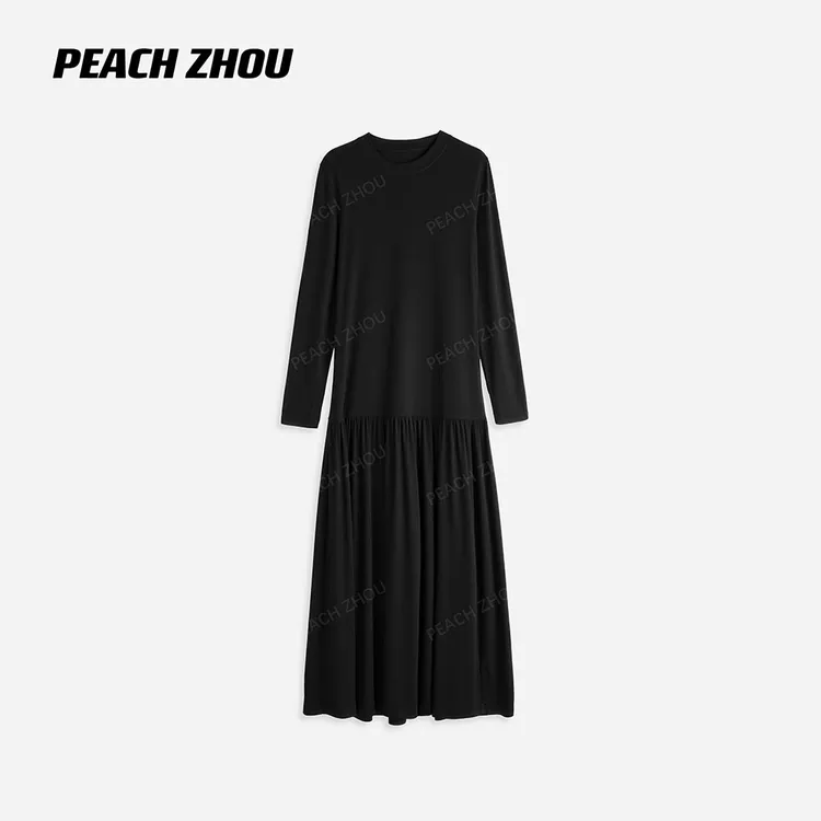 『PEACHZHOU』莱赛尔羊毛拼接裙摆气质休闲宽松圆领长袖连衣长裙