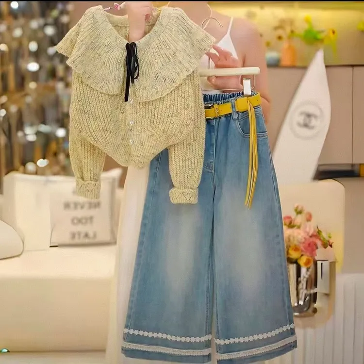 女童2025秋季毛线衣打底衫新款娃娃领闪闪开衫牛仔套装百搭阔腿裤
