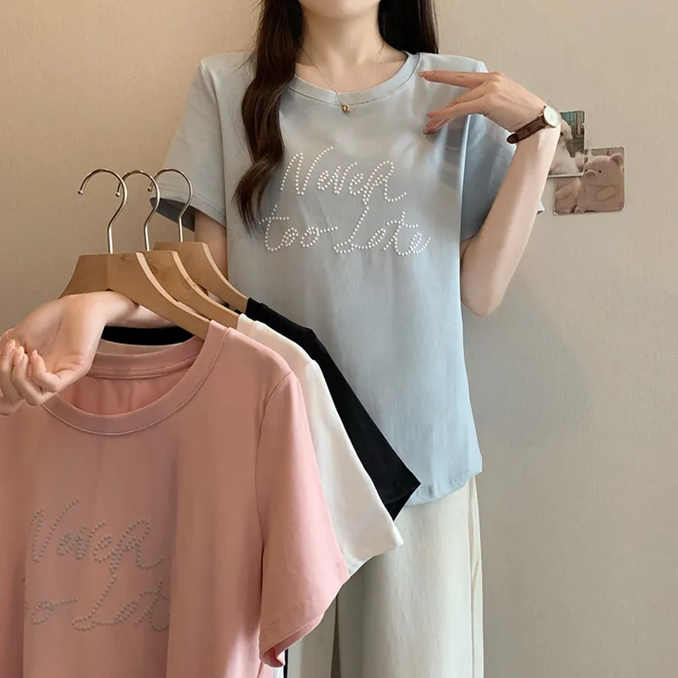 2025夏装新款胖mm大码女时尚钉珠字母宽松显瘦短袖T恤