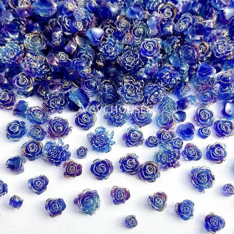 复古网红美甲小花苞玫瑰饰品蓝色妖姬国风树脂牡丹花指甲装饰品