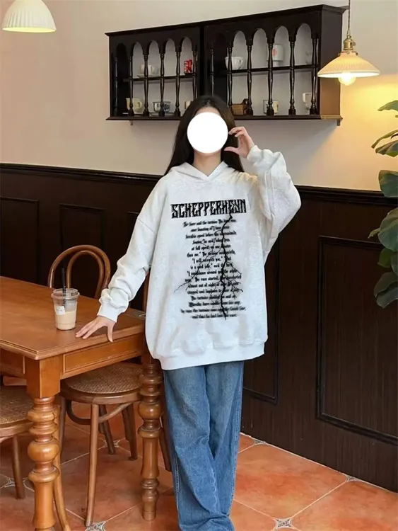 无绳无袋连帽美式复古加厚华棉银狐绒卫衣男女秋冬宽松慵懒风外套