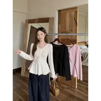 长2025秋装胖mm大码设计感荷叶边长袖T恤收腰显瘦纯欲上衣80215