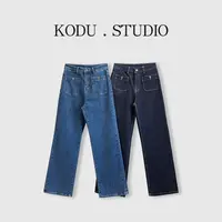 I【刻度KODU】LY-5944秋季复古风高腰黄明线小方口袋加绒直筒牛仔裤