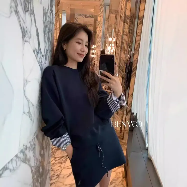 东大门韩系衣服女套装宽松显瘦长袖卫衣高腰抽绳半身裙早秋两件套