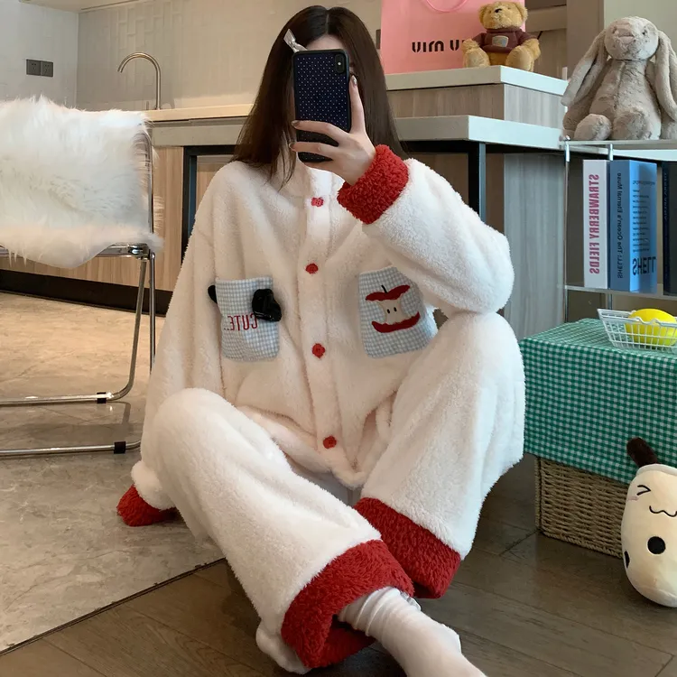 珊瑚绒睡衣女2025新款秋冬季加厚加绒保暖开衫高领网红家居服套装