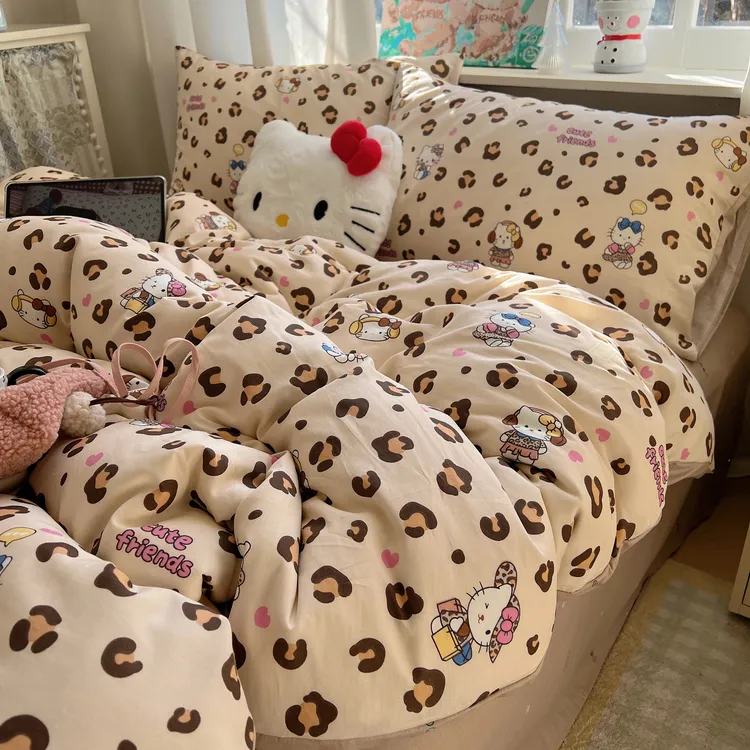 韩系奶油少女ins卡通可爱豹纹猫咪卡通印花全棉四件套床单三件套4