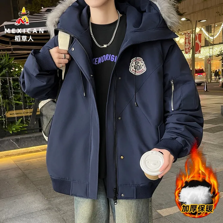 稻草人秋冬季青少年加厚棉衣男生连帽潮流设计感毛美式潮牌舒适