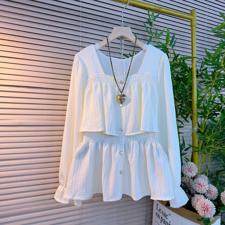 2117春季新款胖妹妹时尚名媛风法式方领荷叶边弹力收腰遮肉显瘦衫