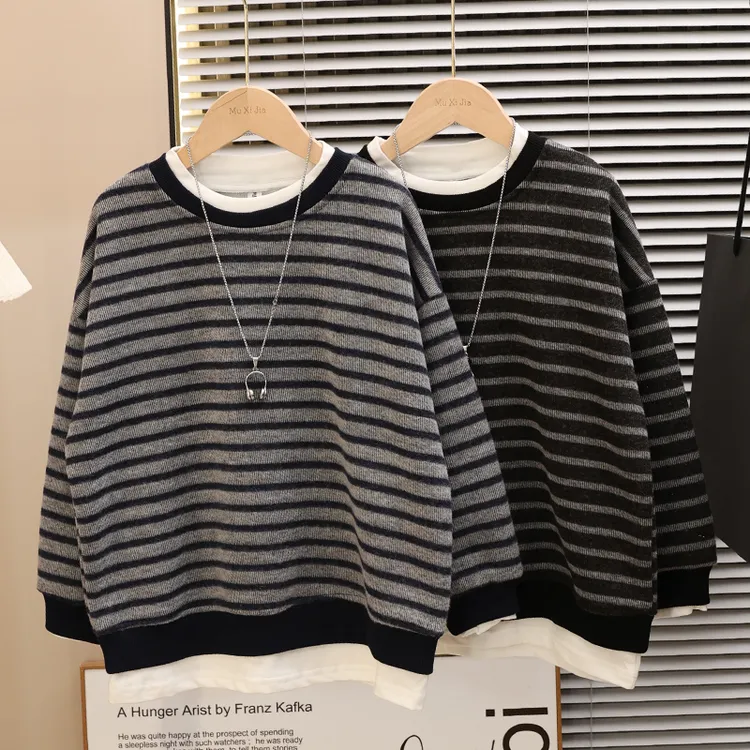 奥利绒男童加绒卫衣2025新款儿童秋冬装加厚条纹宽松百搭假两件潮