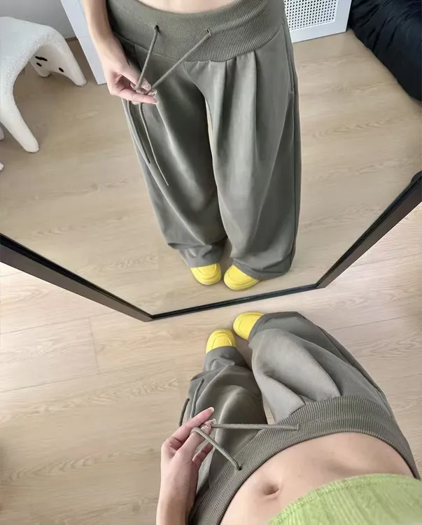 女士2025春秋显瘦百搭休闲裤松紧腰宽松直筒裤大码胖mm纯色阔腿裤