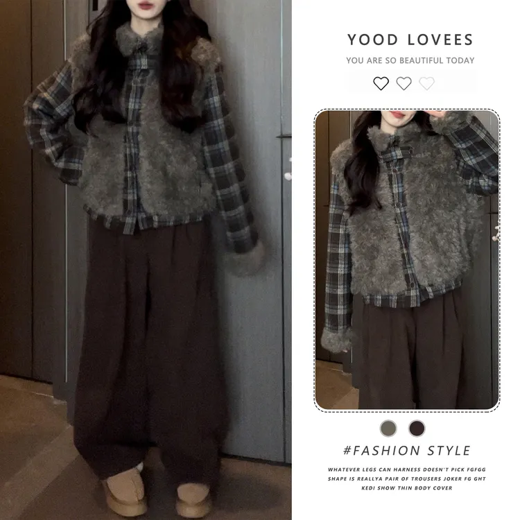 韩系秋冬新款复古格纹宽松显瘦高腰加绒阔腿裤搭毛毛拼接外套套装