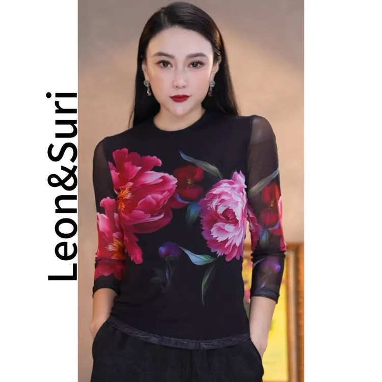 Leon&Suri“霓虹花语”新款复古显瘦修身设计款打底衫时尚长袖
