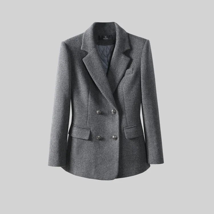 〈纪朵研〉1724灰色休闲中长款西装领宽松型翻领西服