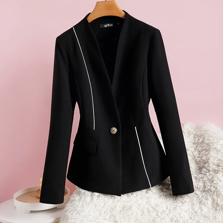 郁香妍拼接色西装外套女短款春秋季小个子无领收腰小西装黑色西服