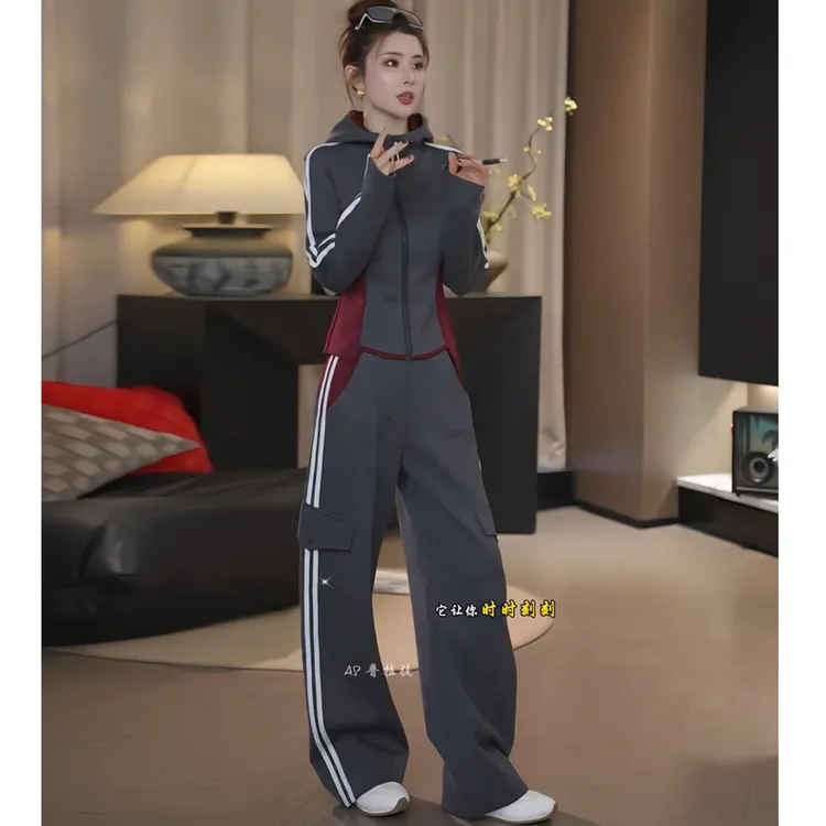 轻奢巨好看休闲运动套装女秋气质修身显瘦撞色连帽卫衣工装阔腿裤