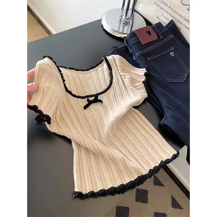 韩系甜美蝴蝶结针织衫短袖T恤女夏季小个子修身显瘦短款正肩上衣