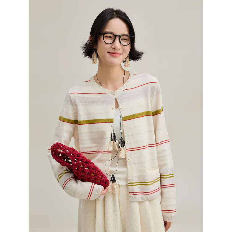 麻霖秋装新品绵羊毛彩色条纹提花肌理圆领开衫长袖针织上衣
