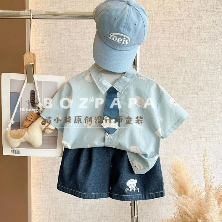 夏季新款男童可爱萌短袖小熊刺绣休闲两件套裤子短裤帅