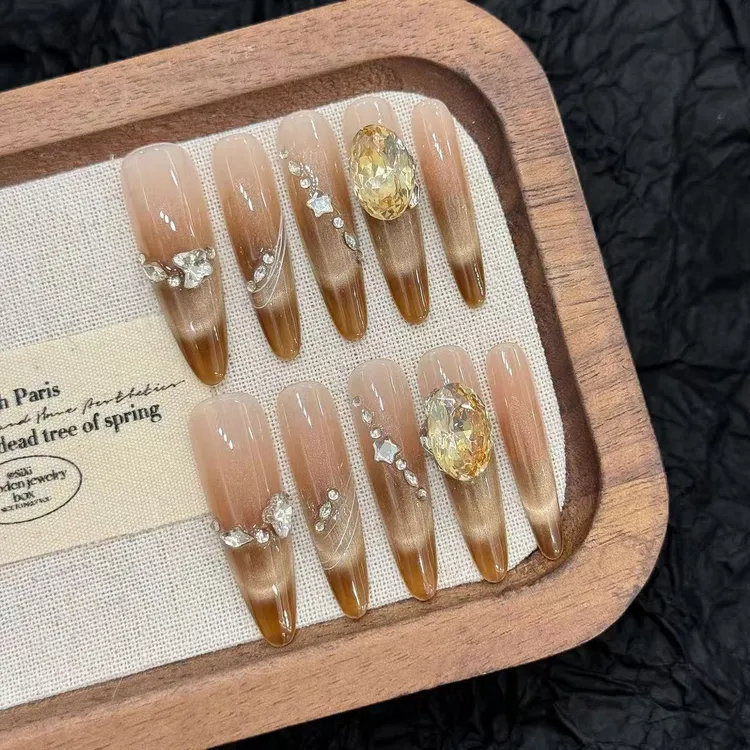 【野格冰茶】纯手工穿戴甲新款金色渐变猫眼高贵典雅显长美甲