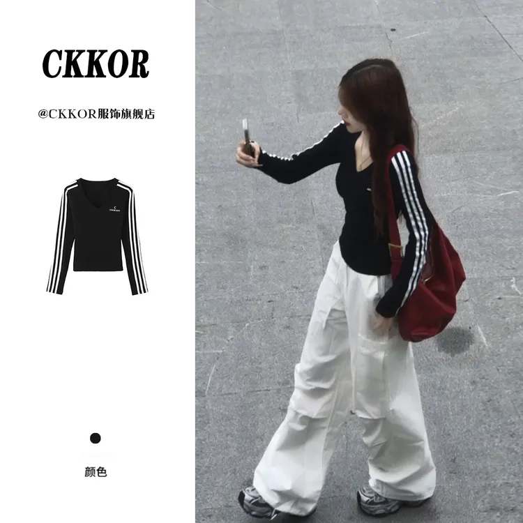 CKKOR美式复古风修身显瘦长袖t恤女春秋新款ins时尚设计感V领上衣