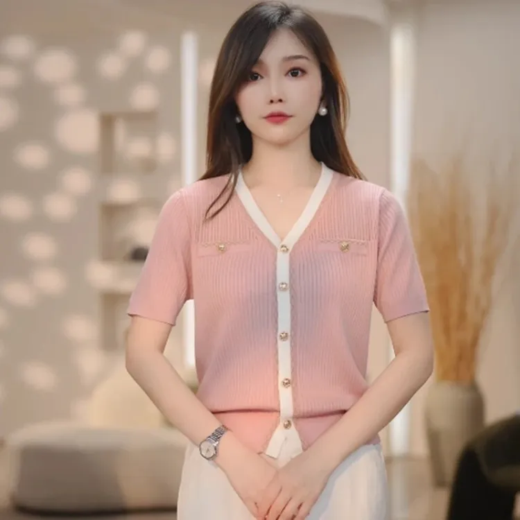 小香风撞色v领短袖针织衫女2025年夏季新款洋气轻薄舒适开衫上衣