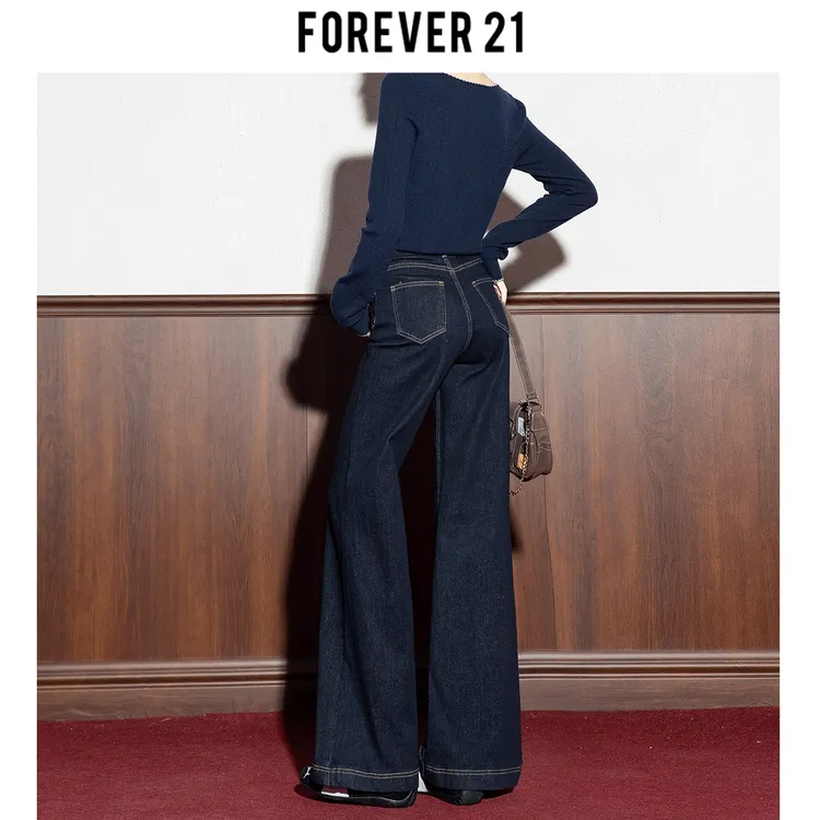 Forever 21丹宁蓝阔腿牛仔裤女2025秋新款微喇宽松百搭垂感直筒裤