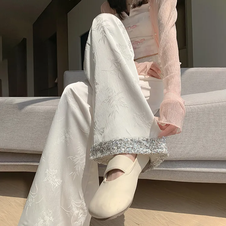 实拍新中式国风提花亮片拼接阔腿裤女2025春夏高腰显瘦休闲拖地裤