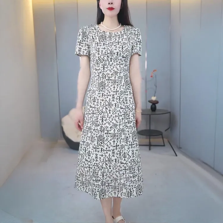 恒源祥彩羊夏季新款印花口袋连衣裙减龄收腰显瘦时尚妈妈装中长款