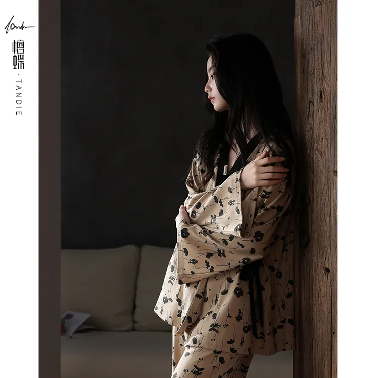 檀蝶2025年新款休闲秋季睡衣家居服套装长袖睡袍套装宽松复古