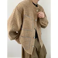 dannyandzee秋季复古重磅中古呢料卡其撞色多口袋毛边编织外套826