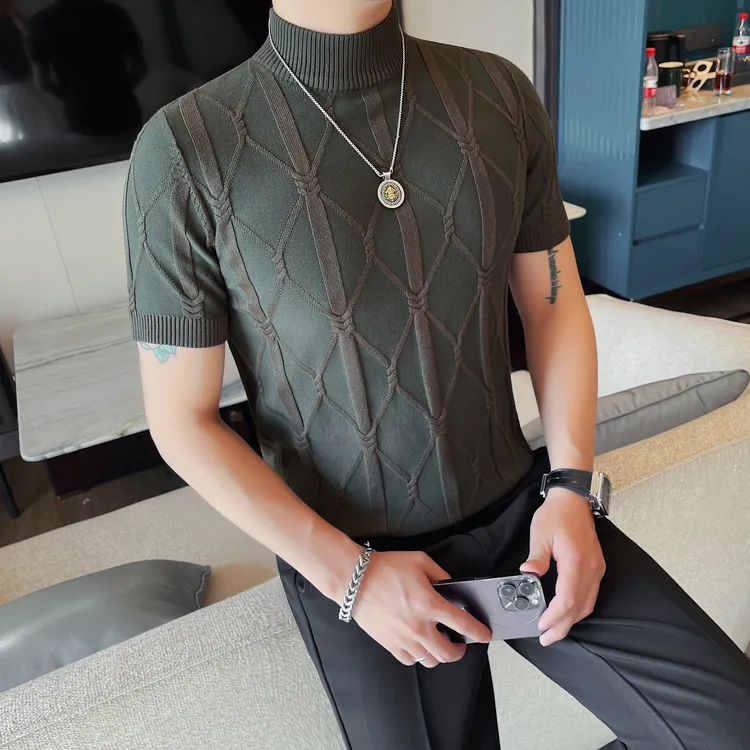菱形格提花短袖T恤男款半高领针织毛衣痞帅高级感秋冬男士打底衫