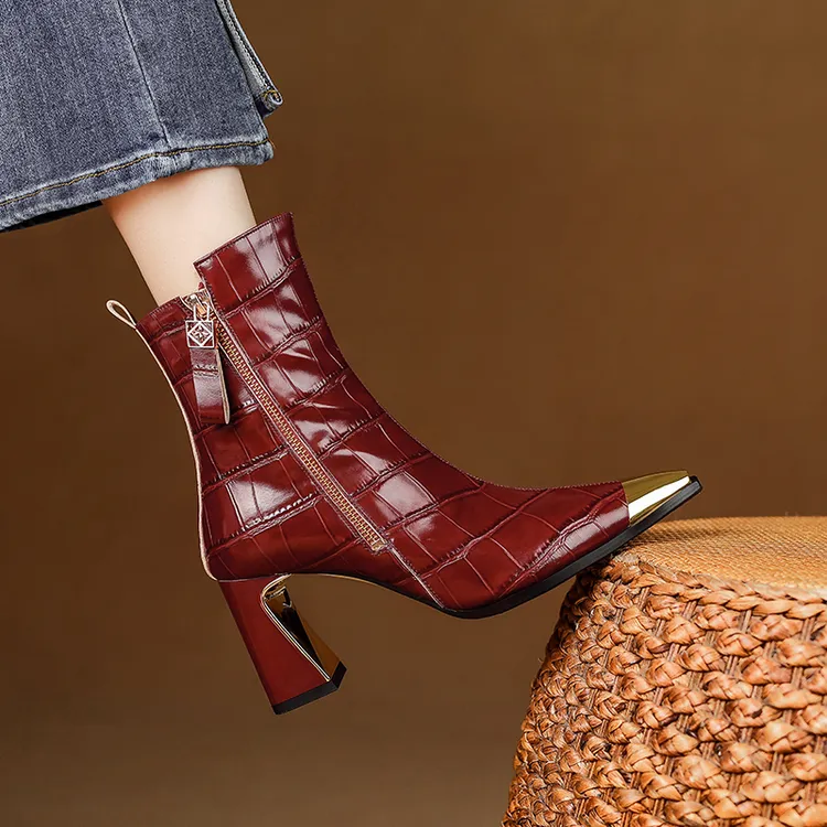 8cm酒红色真皮靴子粗跟尖头高跟女靴短靴秋冬时尚侧拉链瘦瘦靴女