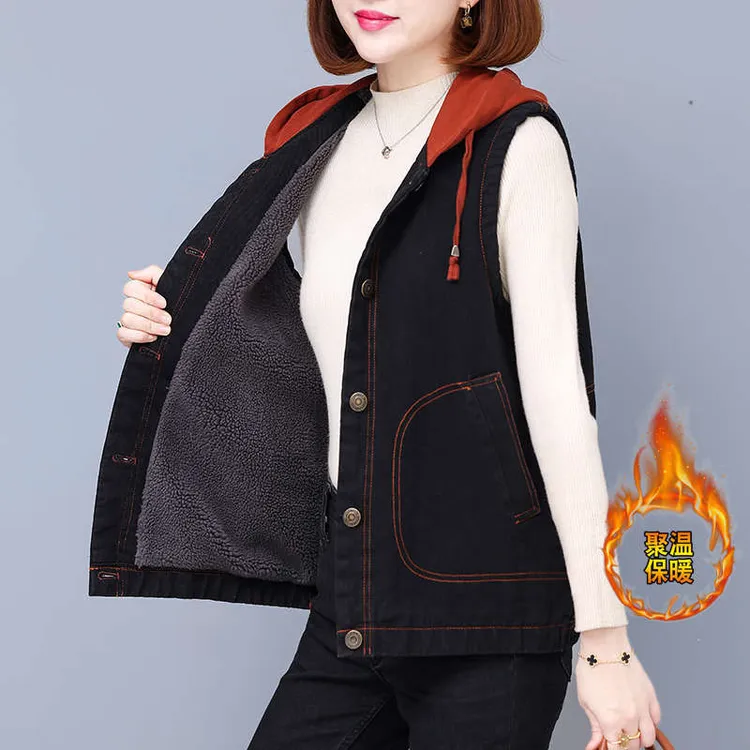 加绒连帽牛仔马甲外套女秋冬季新款洋气休闲宽松百搭马夹坎肩上衣