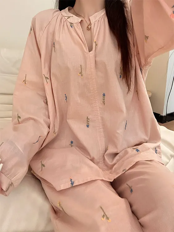 【新中式刺绣】纯欲印花睡衣女春秋款2025舒适长袖长裤套装家居服女