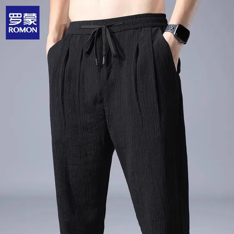 罗蒙高端男士休闲裤夏季新款潮流宽松直筒痞帅慵懒风运动长裤男装