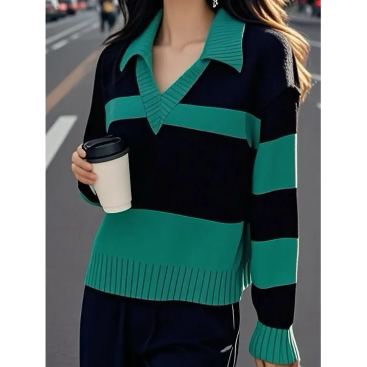 2025春季新款女装黑绿撞色polo领条纹针织衫上衣打底衫内搭可外穿