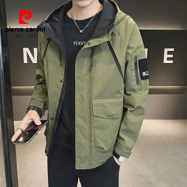 皮尔卡丹春秋季连帽外套男士工装衣服2025新款潮流户外冲锋衣款防
