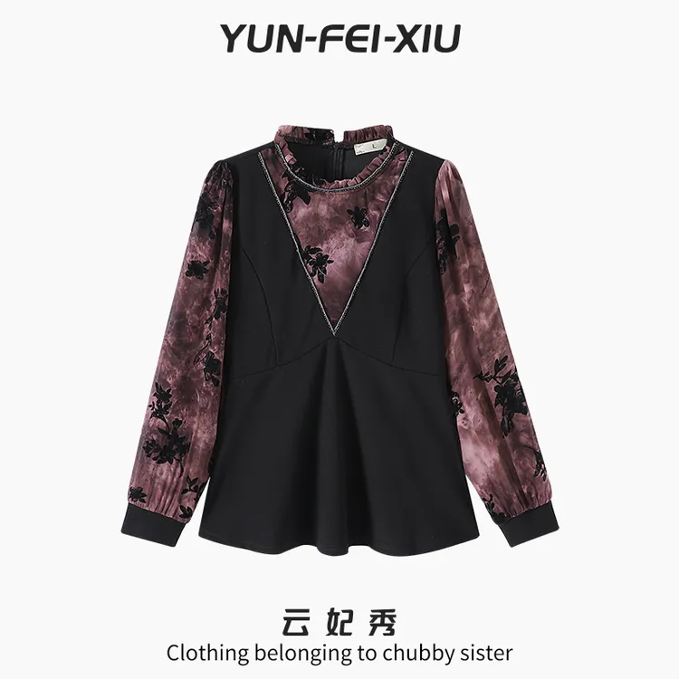 云妃秀大码女装T恤复古拼接印花韩版宽松显瘦遮肉胖妹妹秋季7162