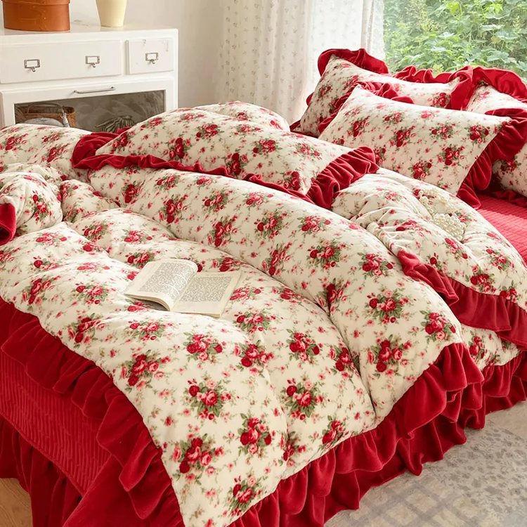 加厚夹棉床盖牛奶绒四件套冬季保暖双面加绒花边被套珊瑚绒套件