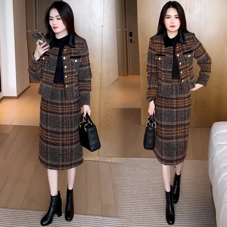 时尚套装裙女2025冬季新款洋气显瘦小香风格子短外套连衣裙两件套